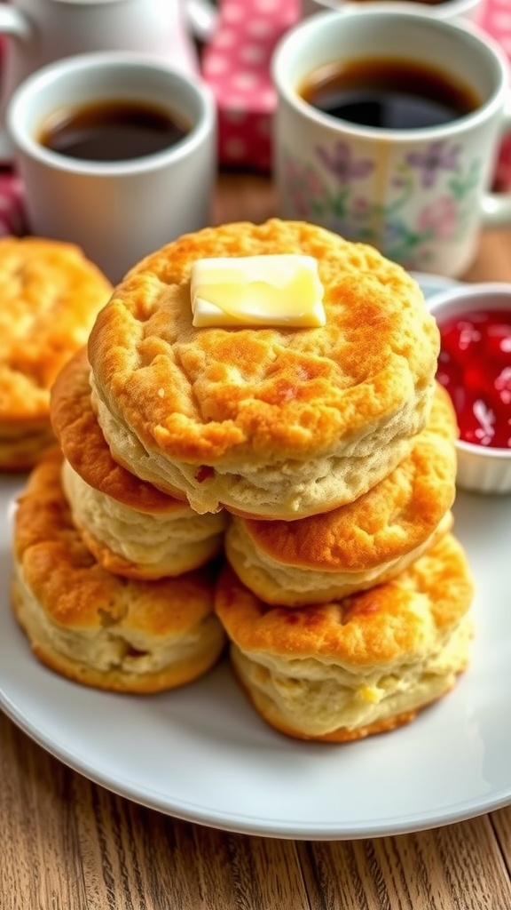 A stack of golden vegan biscuits with melting butter and a bowl of jam on a breakfast table.